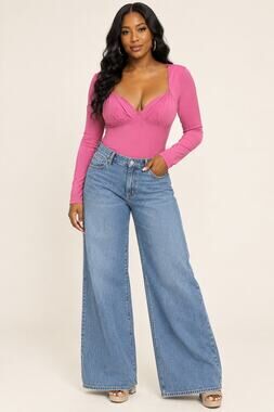 Popilush Long Sleeve V-Neck Shapewear Tummy Control Bodysuit Pink XL